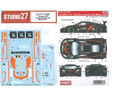 McLaren MP4-12C GT3 #16 "Boutsen-Ginion" Monza 3 Hours 2014 1/24 Decal - Studio27 - DC1067