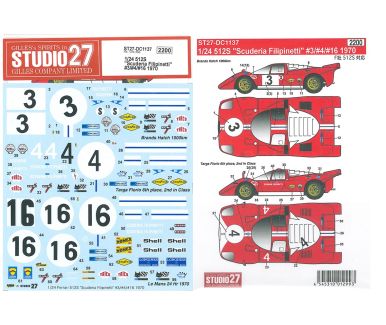 Ferrari 512S "Daytona 24 Hours" 1970 1/24 Decal - Studio27 - DC1138